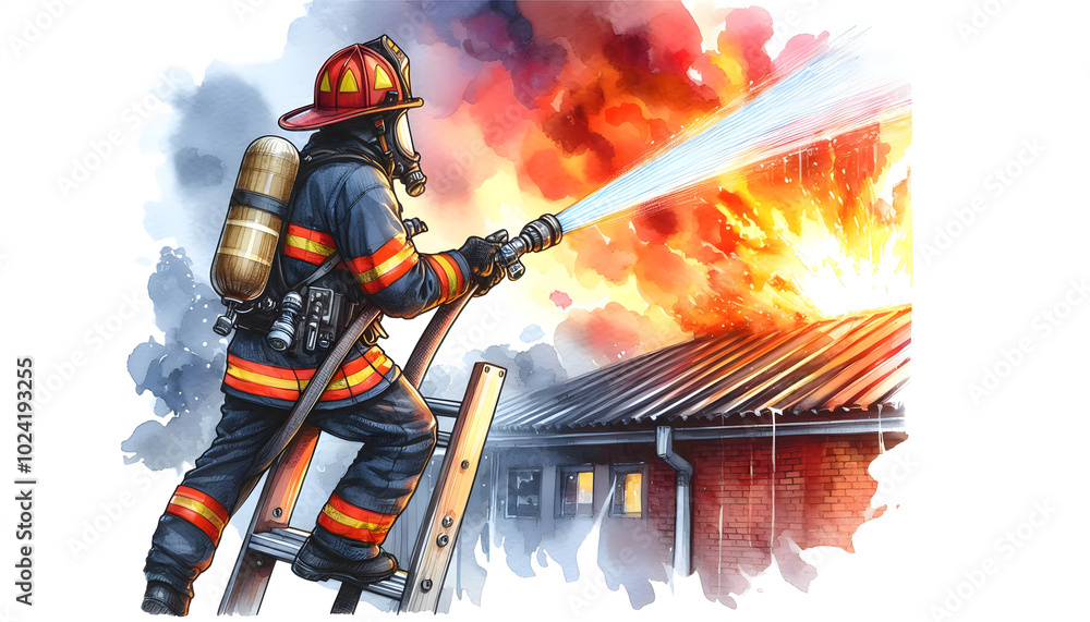 Watercolor illustration portrait of A firefighter climbs a ladder with ...