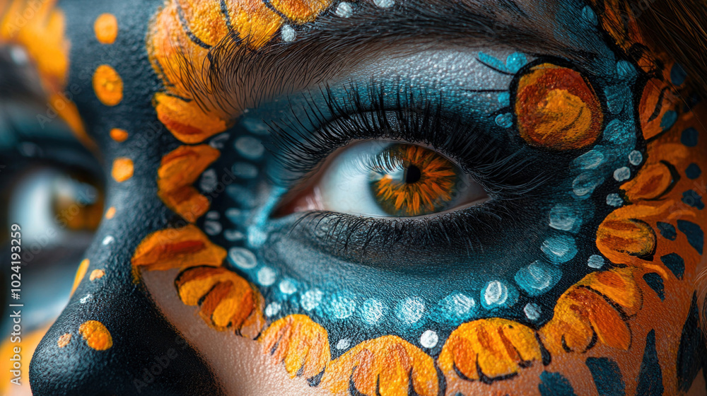 A bold, artistic Day of the Dead poster featuring a close-up of a beautifully painted Catrina face with intricate designs and vibrant colors A bold, artistic Day of the Dead poster featuring a close-up of a beautifully painted Catrina face with intricate designs and vibrant colors