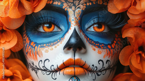 A bold, artistic Day of the Dead poster featuring a close-up of a beautifully painted Catrina face with intricate designs and vibrant colors photo