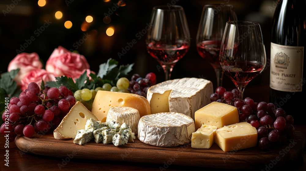 A cheese board featuring a rich variety of cheeses, paired with wine glasses and garnishes like grapes, creating a luxurious setting A cheese board featuring a rich variety of cheeses, paired with wine glasses and garnishes like grapes, creating a luxurious setting