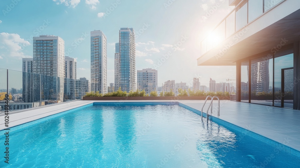 Fototapeta premium A modern rooftop pool with a panoramic view of nearby buildings, under bright, sunny weather, creating a refreshing urban oasis.