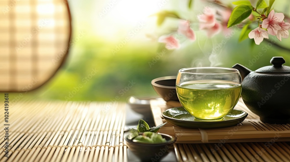 A steaming cup of green tea on a bamboo mat with a teapot and blooming cherry blossoms. A steaming cup of green tea on a bamboo mat with a teapot and blooming cherry blossoms.
