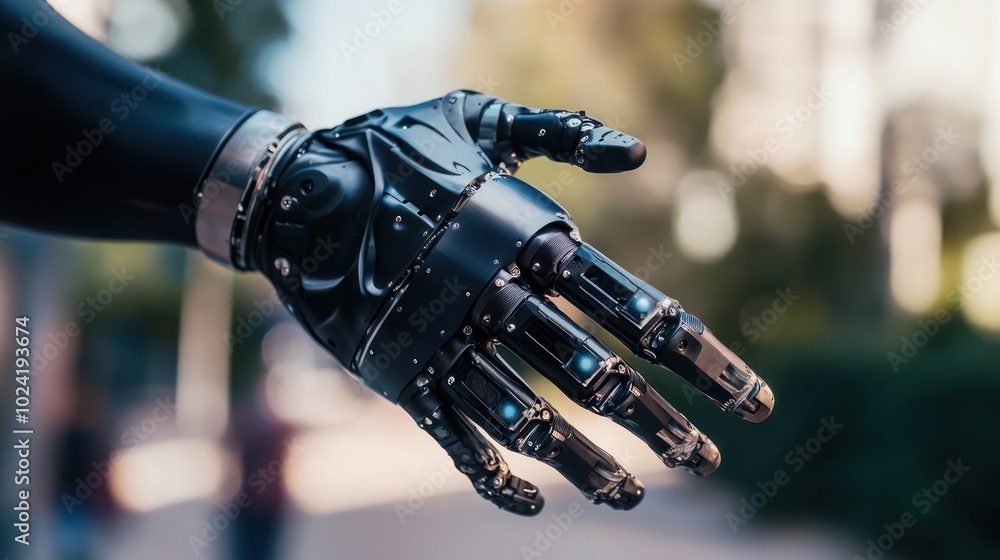 A high-tech, customized prosthetic arm with integrated sensors that allow the user to control movements with their thoughts, offering enhanced mobility and precision A high-tech, customized prosthetic arm with integrated sensors that allow the user to control movements with their thoughts, offering enhanced mobility and precision