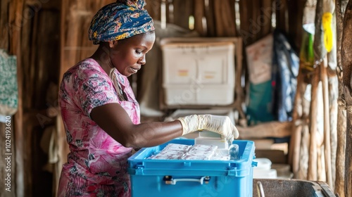 A healthcare worker using a battery-operated cold storage unit for vaccines, ensuring safe delivery of immunizations in remote villages with limited infrastructure