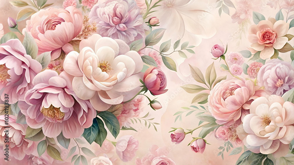 Lush pink floral background with various blossoms, ideal for invitations and feminine aesthetics Lush pink floral background with various blossoms, ideal for invitations and feminine aesthetics