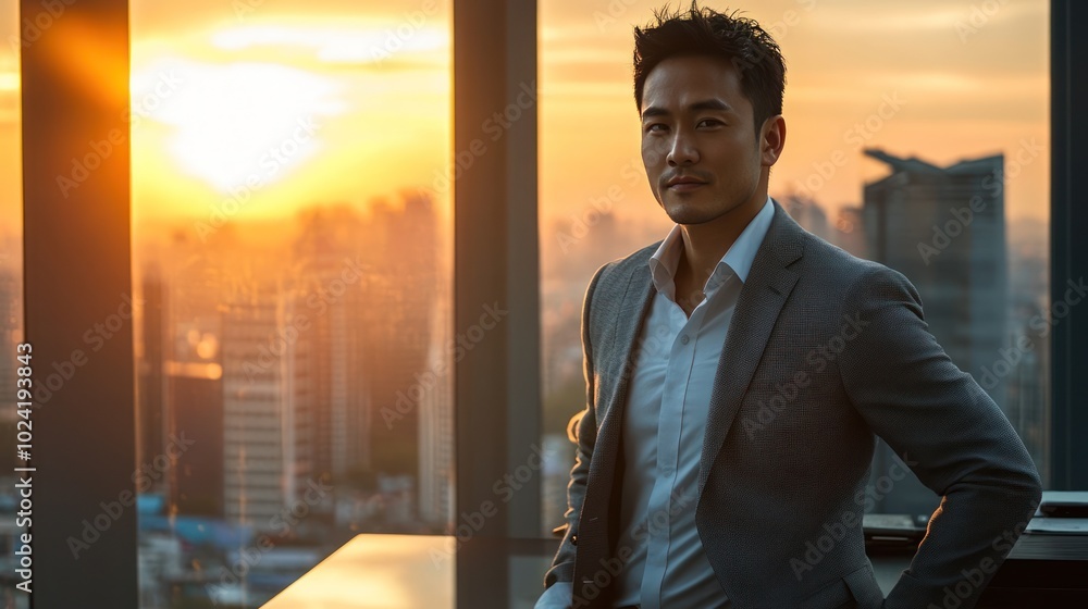An Asian entrepreneur wearing a sleek gray suit, casually leaning against a modern office desk, with the sun setting over a distant cityscape through the window An Asian entrepreneur wearing a sleek gray suit, casually leaning against a modern office desk, with the sun setting over a distant cityscape through the window