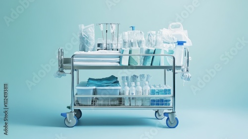A hospital trolley filled with biodegradable medical supplies such as gloves, syringes, and packaging, designed to minimize waste and promote sustainability in healthcare