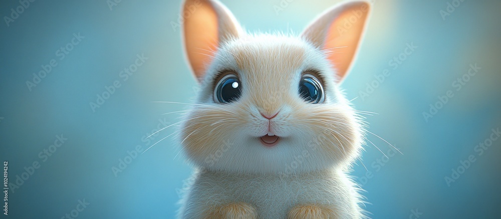 A cute, fluffy bunny with large eyes and a cheerful expression against a soft blue background. A cute, fluffy bunny with large eyes and a cheerful expression against a soft blue background.