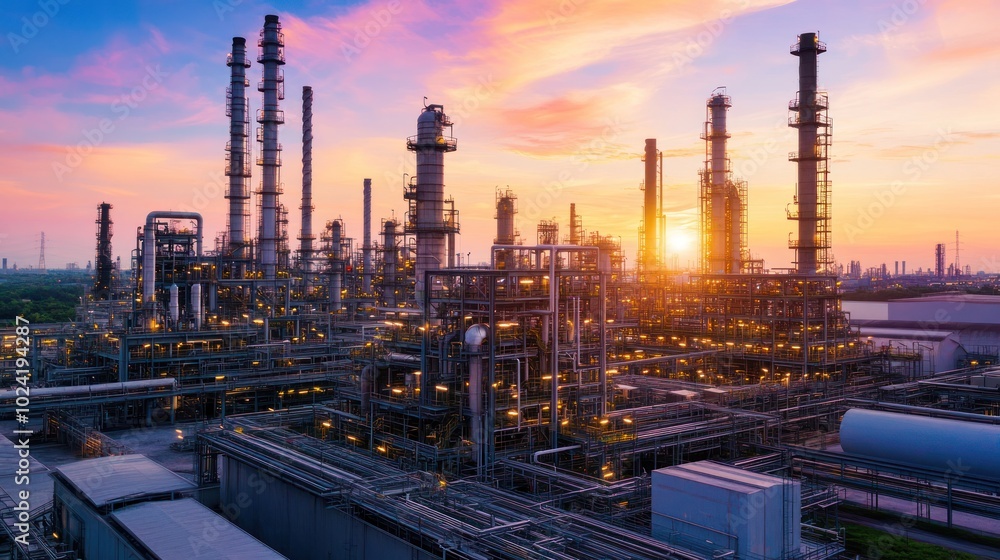 A modern oil refinery processing low-sulfur crude oil, with emissions filters and advanced technology reducing the environmental impact of the production process A modern oil refinery processing low-sulfur crude oil, with emissions filters and advanced technology reducing the environmental impact of the production process