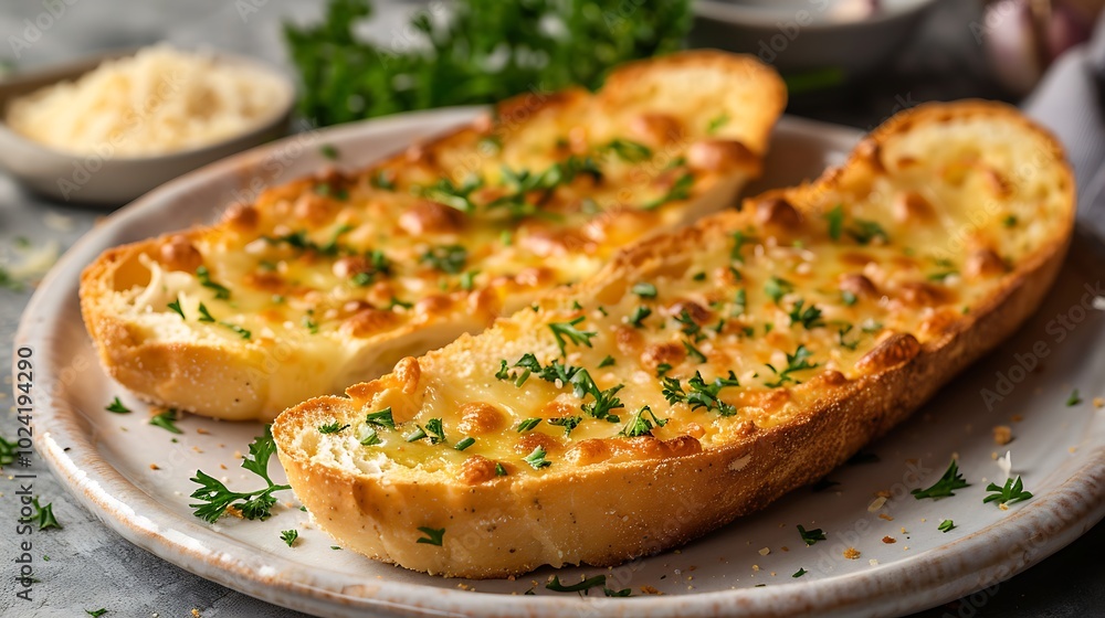 A warm buttery slice of garlic bread on grey background A warm buttery slice of garlic bread on grey background