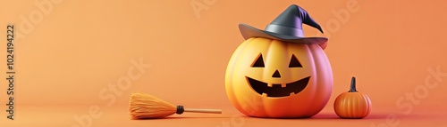 A cute 3D cartoon icon of a pumpkin with a smiling face, surrounded by a witch’s hat and a tiny broomstick, all elements placed in a minimal layout for a warm Halloween feel photo