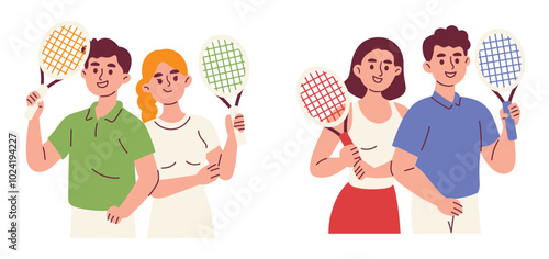 Couple Tennis Player Character, Woman and Man Holding Tennis Racket