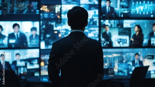 An Asian executive at the center of a video conference, participating in an international business meeting with multiple screens showing global team members