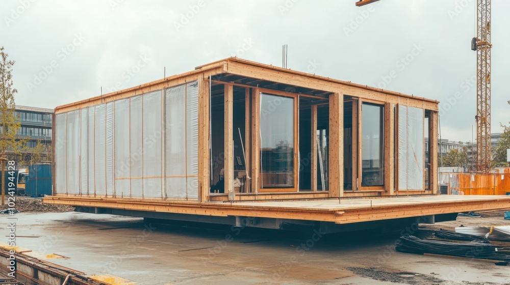 A modular building under construction using circular economy principles, where each component is designed to be reused, recycled, or refurbished at the end of its life cycle A modular building under construction using circular economy principles, where each component is designed to be reused, recycled, or refurbished at the end of its life cycle