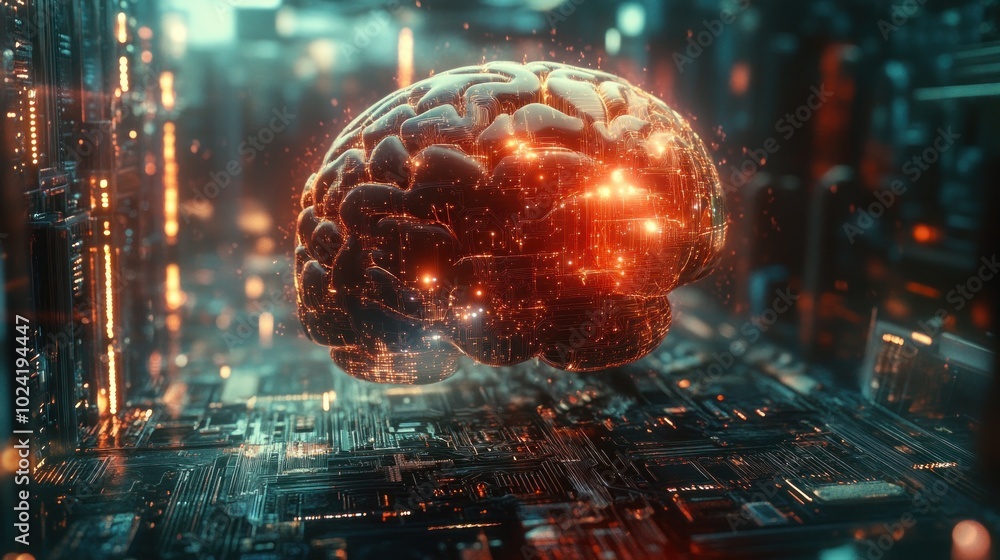 Fototapeta premium A glowing, digital brain hovering above a circuit board, symbolizing advanced technology and intelligence.