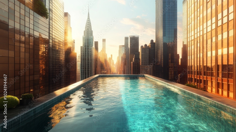 Rooftop pool shimmering under the sun, surrounded by towering buildings, creating a vibrant urban landscape Rooftop pool shimmering under the sun, surrounded by towering buildings, creating a vibrant urban landscape