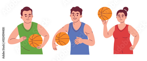 Basket Ball Player Character, Woman and Man Holding Basket Ball