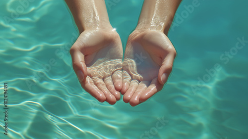 Hands Holding Water: Two hands cupped together gently holding a pool of clean, reflective water.