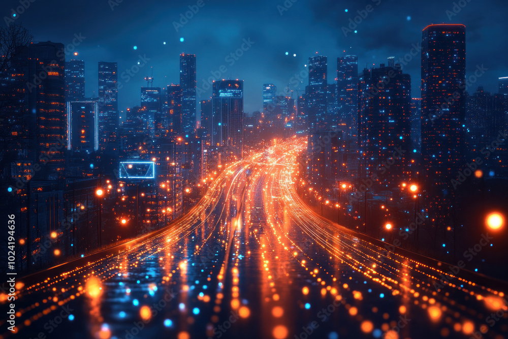 Fototapeta premium A futuristic scene of 2025 technological advancements with autonomous drones, smart city infrastructure, and immersive virtual reality environments