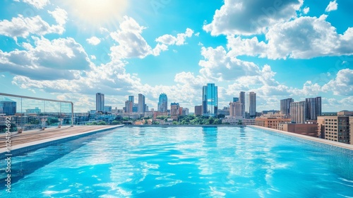 Rooftop pool with a contemporary design, overlooking a skyline of vibrant buildings under a radiant, blue sky