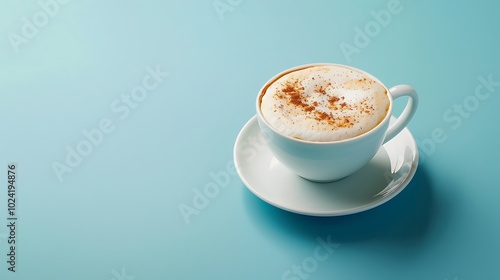 A warm cup of cappuccino with a frothy top on blue background