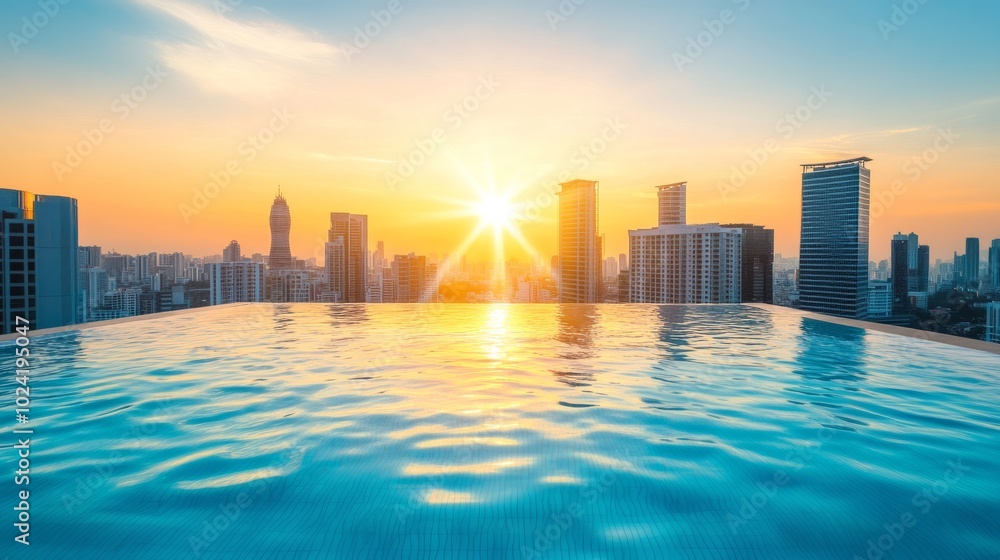 Fototapeta premium Rooftop swimming pool with a view of the city high-rise buildings, the sun shining brightly, and the clear blue sky adding to the serene atmosphere.