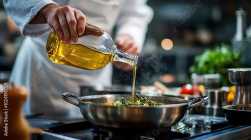 A professional chef using eco-friendly cooking oil in a gourmet dish, emphasizing the use of sustainably sourced, organic ingredients in high-end culinary practices