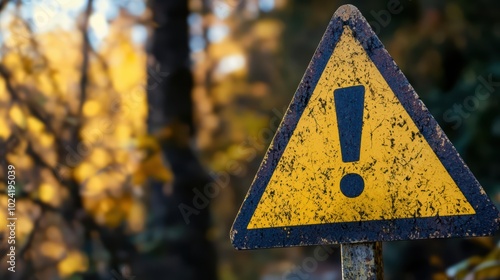 Warning road sign. Exclamation mark in a yellow triangle in the countryside