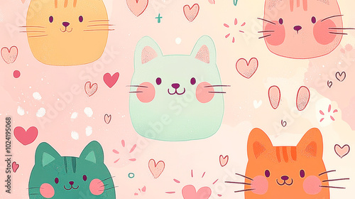 Wallpaper Mural Cute flat pattern with cartoon cats and hearts on white background Torontodigital.ca