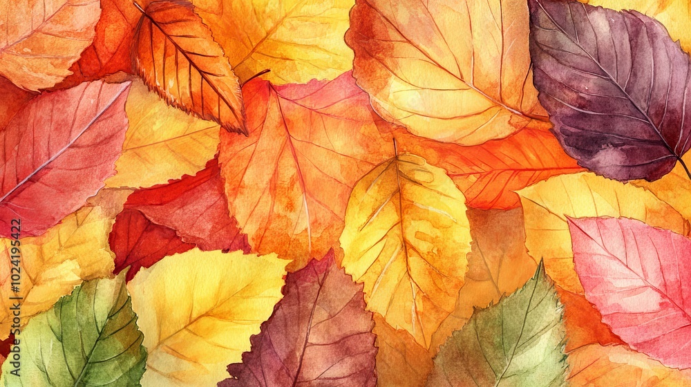 Autumn leaves in vibrant watercolor hues, creating a warm Thanksgiving background. Autumn leaves in vibrant watercolor hues, creating a warm Thanksgiving background.