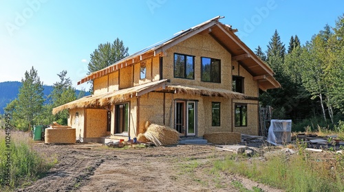 A rural off-grid home being constructed with a combination of straw bales and reclaimed wood, using natural insulation and passive solar heating for energy efficiency photo