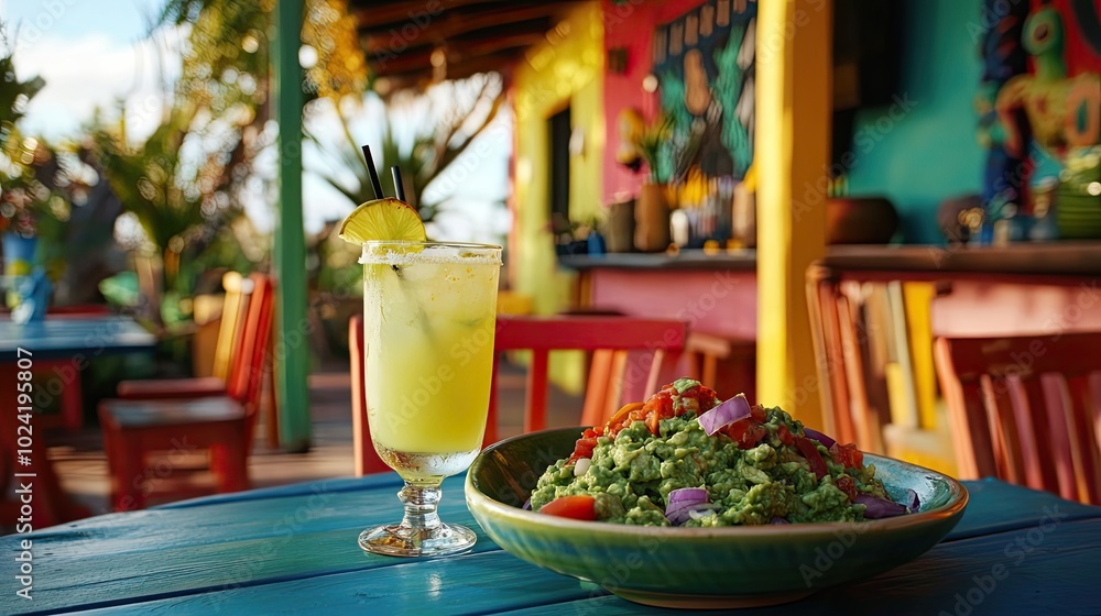 Guacamole and a Citrus Drink on a Blue Table at a Restaurant Guacamole and a Citrus Drink on a Blue Table at a Restaurant