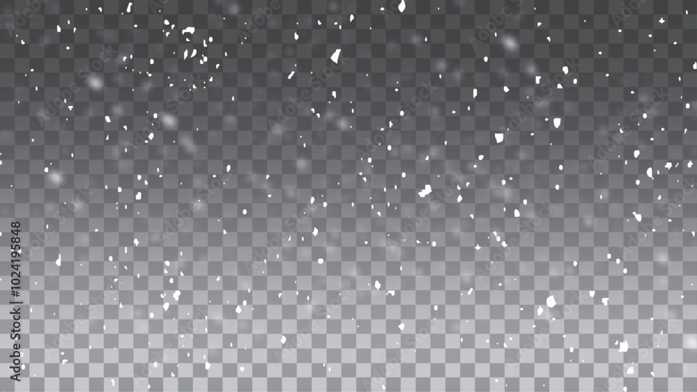 Snowflakes, snow storm, winter, snowfall vector. Snow falling on transparent background.