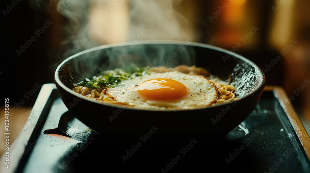 Steamy noodles topped with an egg, served in an earthy bowl, creating a sense of comfort and warmth. Steamy noodles topped with an egg, served in an earthy bowl, creating a sense of comfort and warmth.