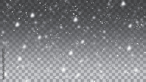 Snowflakes, snow storm, winter, snowfall vector. Snow falling on transparent background.