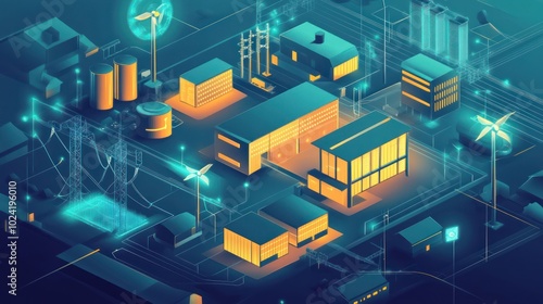 A smart grid control center using AI and machine learning to optimize the distribution of clean electricity from renewable sources like wind, solar, and hydropower