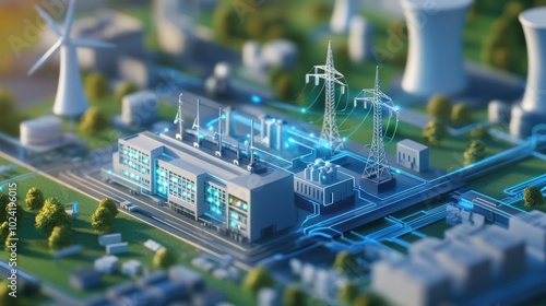 A smart grid control center using AI and machine learning to optimize the distribution of clean electricity from renewable sources like wind, solar, and hydropower