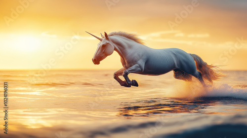 A unicorn majestically gallops across the reflective ocean at sunrise, embodying magic and wonder. photo