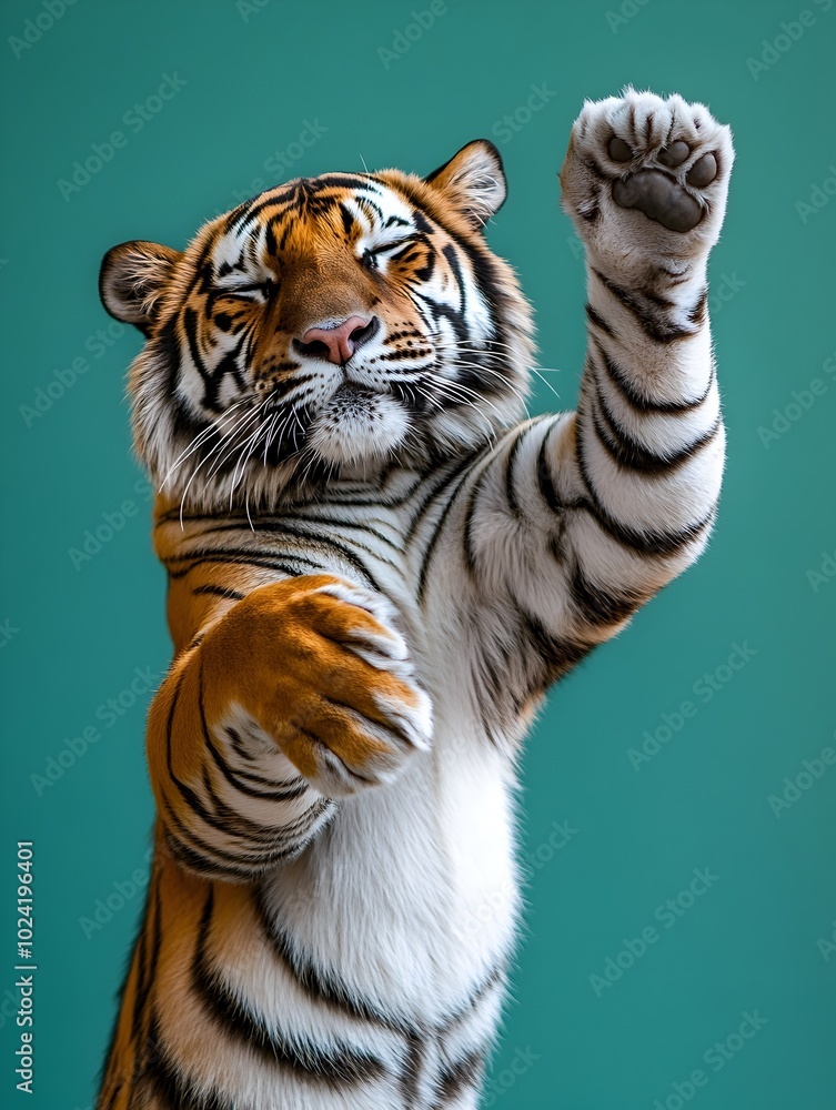 Fototapeta premium Surreal Sumatran Tiger Dabbing on Vivid Teal Background with Copyspace