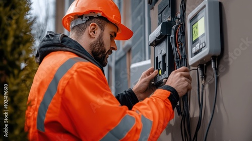 A utility worker installing a smart meter on a residential building, enabling remote monitoring and more accurate billing based on real-time electricity consumption