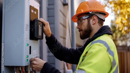 A utility worker installing a smart meter on a residential building, enabling remote monitoring and more accurate billing based on real-time electricity consumption