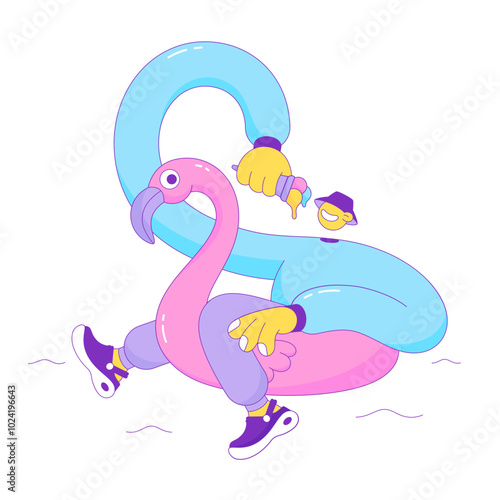 Ice cream guy floating on an inflatable pink flamingo