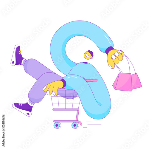 Guy rolling around in a basket with bags in his hands