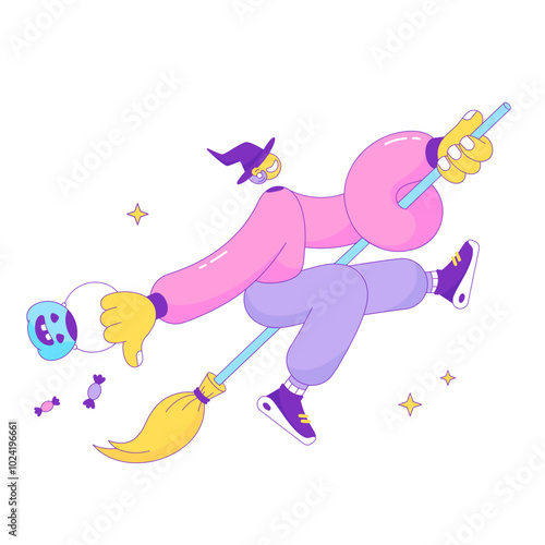 Witch with candy flies on a broomstick