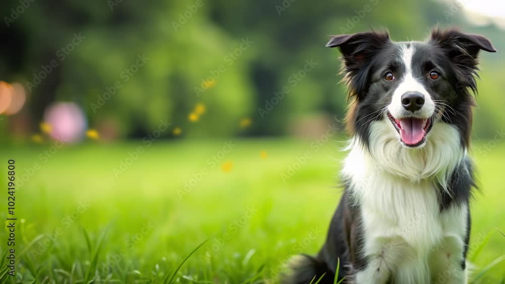 Border collie dog sitting in the park with a happy face with a yellow butterfly blur behind the dog Border collie dog sitting in the park with a happy face with a yellow butterfly blur behind the dog