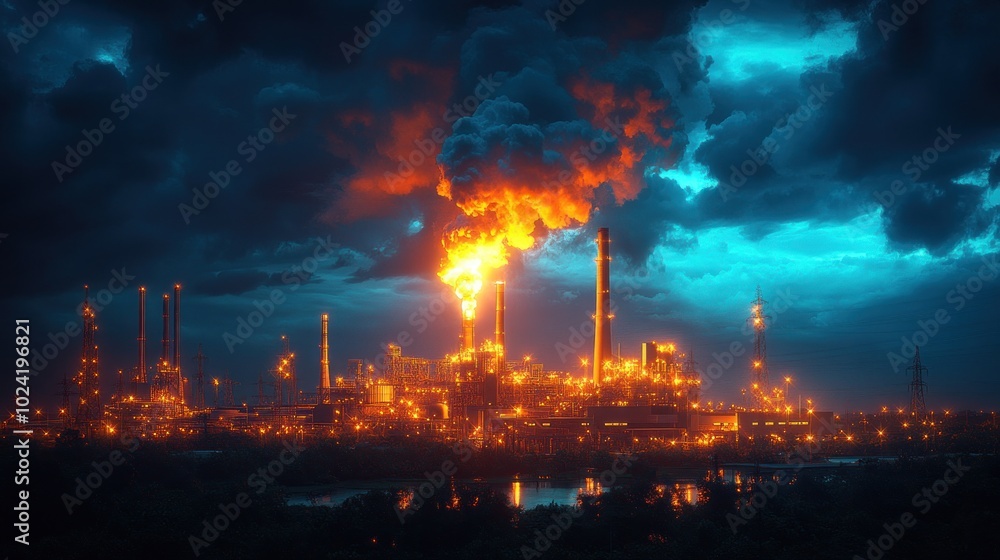 Industrial plant with a bright fire burning in the night sky. Industrial plant with a bright fire burning in the night sky.