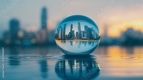 Water Droplet with City Reflection: A large, clear water droplet with the reflection of a modern city skyline inside. 