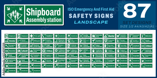 87 set iso emergency and first aid safety signs v32_shipboard assembly station_landscape size 1/2 a4,a3,a2,a1	
