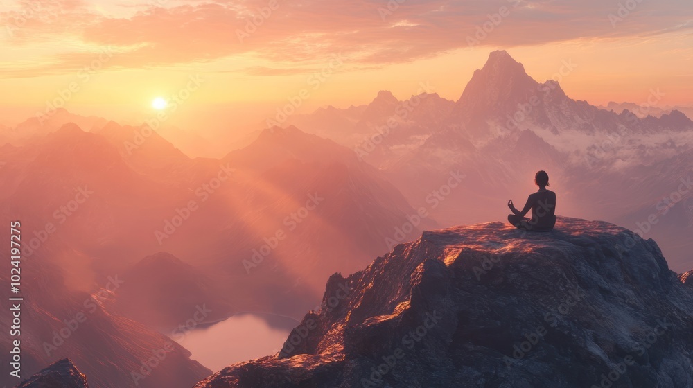 An Asian person meditating on a mountaintop at sunset, the vast landscape stretching out below them, with soft, warm light highlighting the peacefulness of the moment An Asian person meditating on a mountaintop at sunset, the vast landscape stretching out below them, with soft, warm light highlighting the peacefulness of the moment