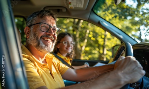 Happy father and daughter driving in a car. AI.